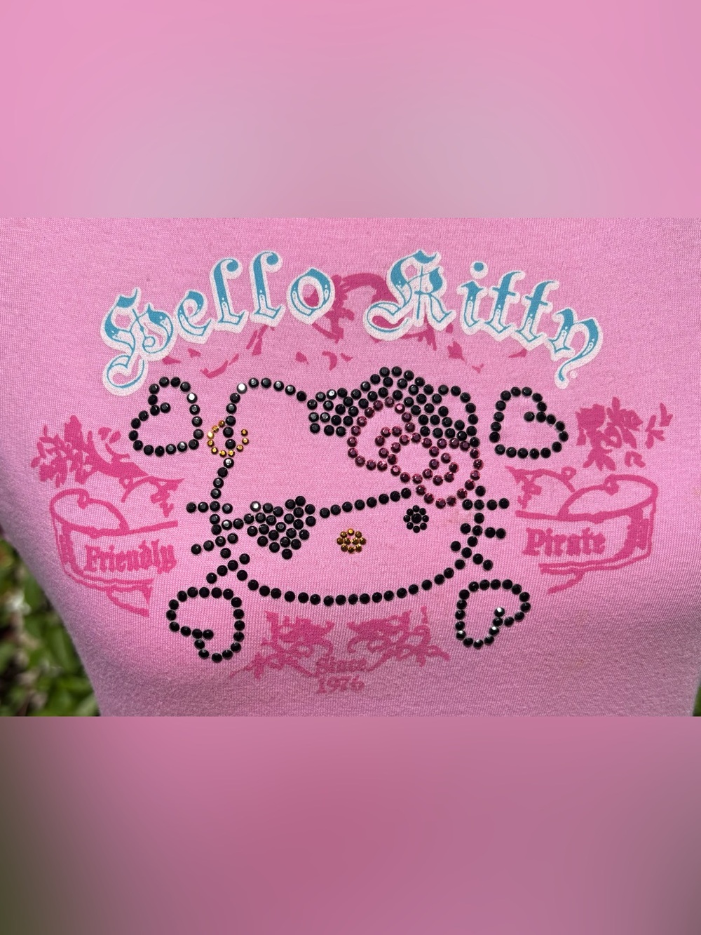 Rare Y2K Hello Kitty Pink Puff Sleeve Rhinestone Baby Tee XL Fits M